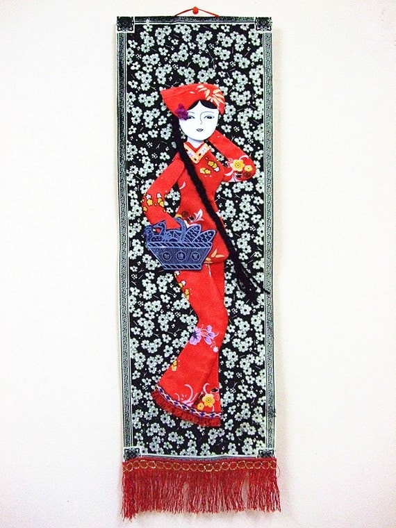 Handmade Chinese Fabric Wall Hanging: oriental wall decor of leftover-cloth-pasting painting,countryside girl