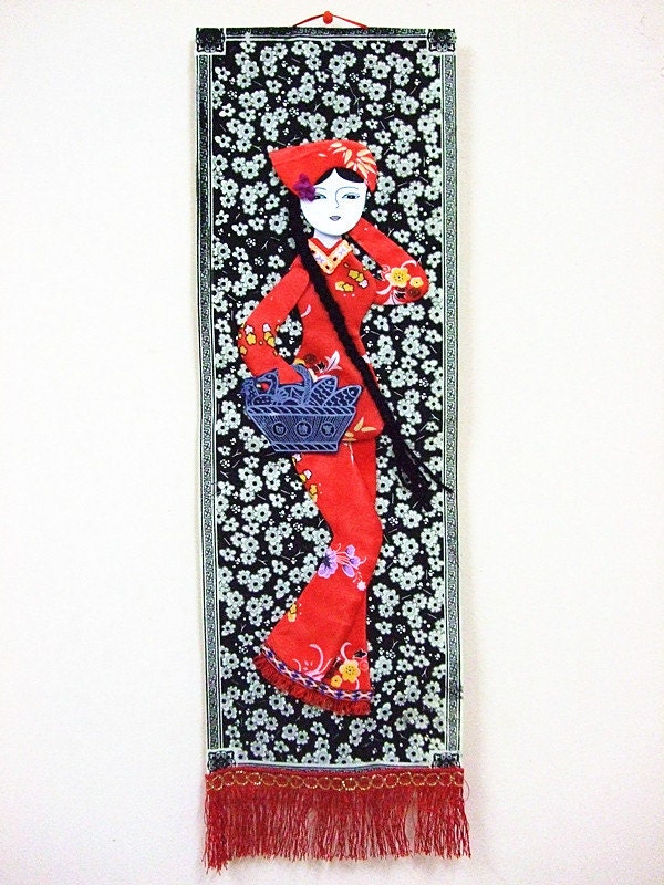 Handmade Chinese Fabric Wall Hanging: oriental wall decor of leftover-cloth-pasting painting,countryside girl