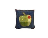 Denim Apple Pincushion-Fabric Pincushion- Yellow  Green and Denim- Small Pincushion