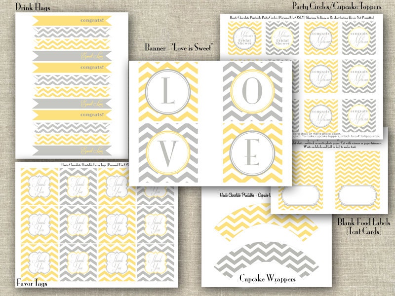Bridal Shower Decor Package. Yellow & Gray Chevron Printable Baby Shower or Bridal Shower Decorations.