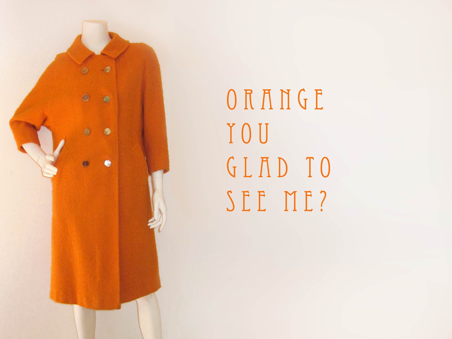 Orange coat, double-breasted, knee-length, vintage 1960s - wardrobearts