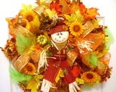 Deco mesh wreath Fall colors, scarecrow, sunflowers, fall fruit, fall decor, door hanger, fall wreath