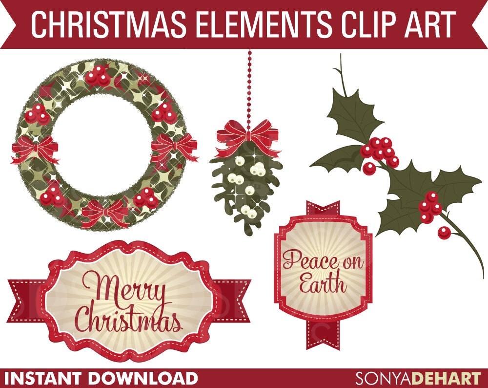 50% Off SALE Christmas Wreath Tag Mistletoe Holly Clip Art Set Instant Download Il_570xn