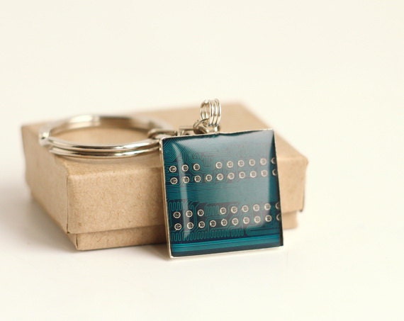 SALE Circuit board geekery keychain Blue in silvertone - fathers gift b0020 ready to ship