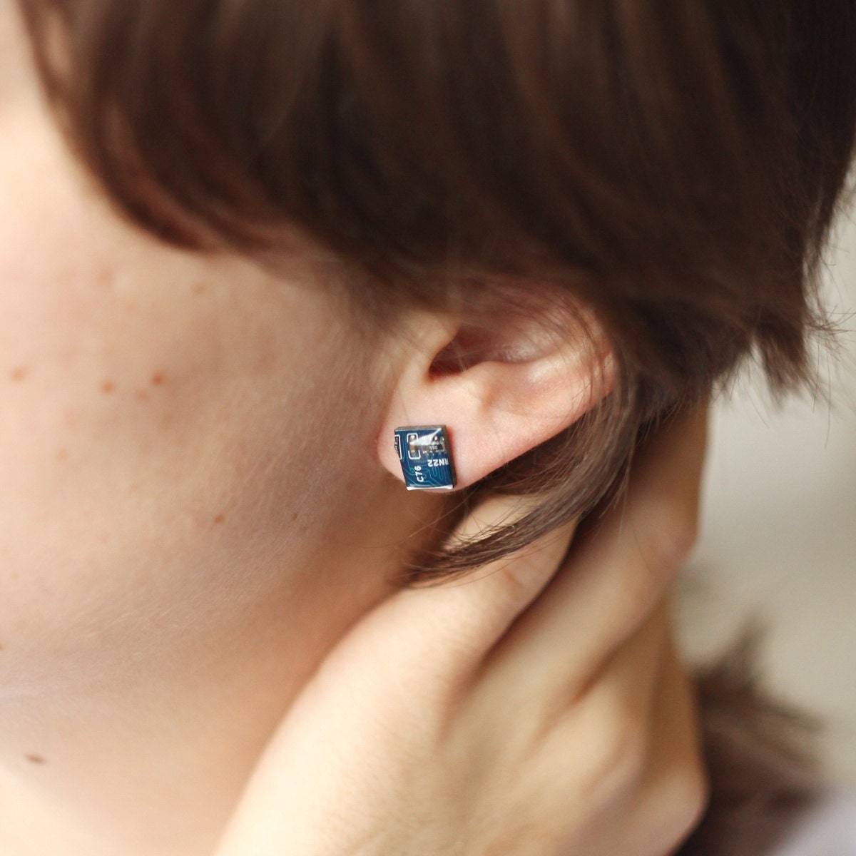 Tiny stud earrings - blue motherboard - recycled computer