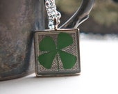 four leaf clover necklace. real pressed leaf. saint patricks day get lucky charm square