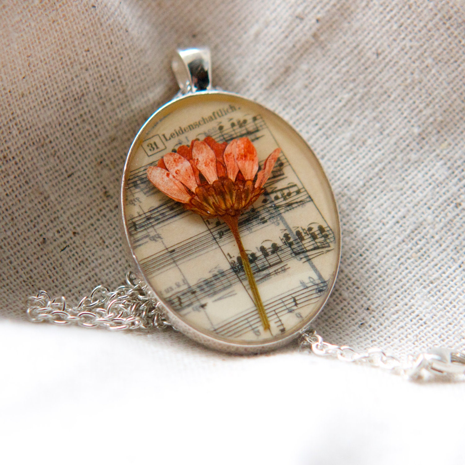 resin jewelry pressed flower necklace. peach daisy mum pressed botanical Pendant on music