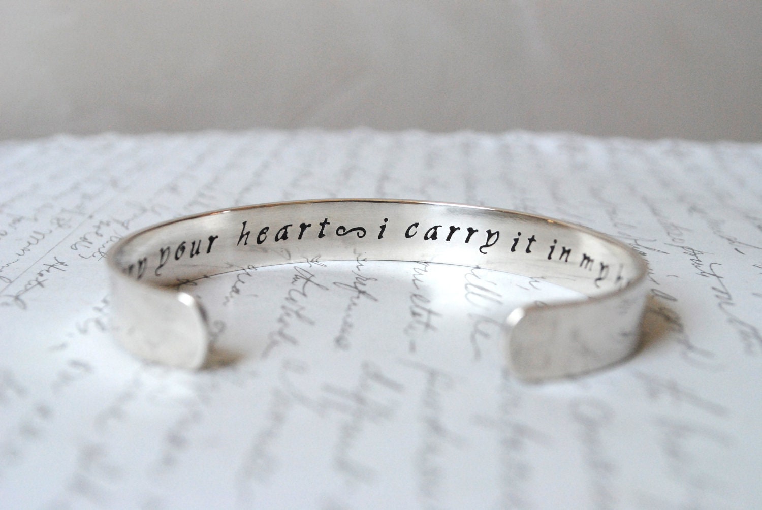 Sterling Keepsake I Carry Your Heart Custom Hand Stamped Cuff Bracelet. Secret Message