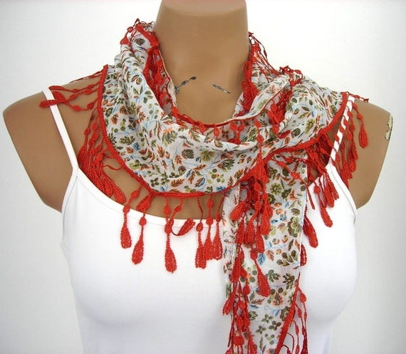 Flowered Cotton Woman Scarf Cowl Shawl Orange Blue Green Salmon