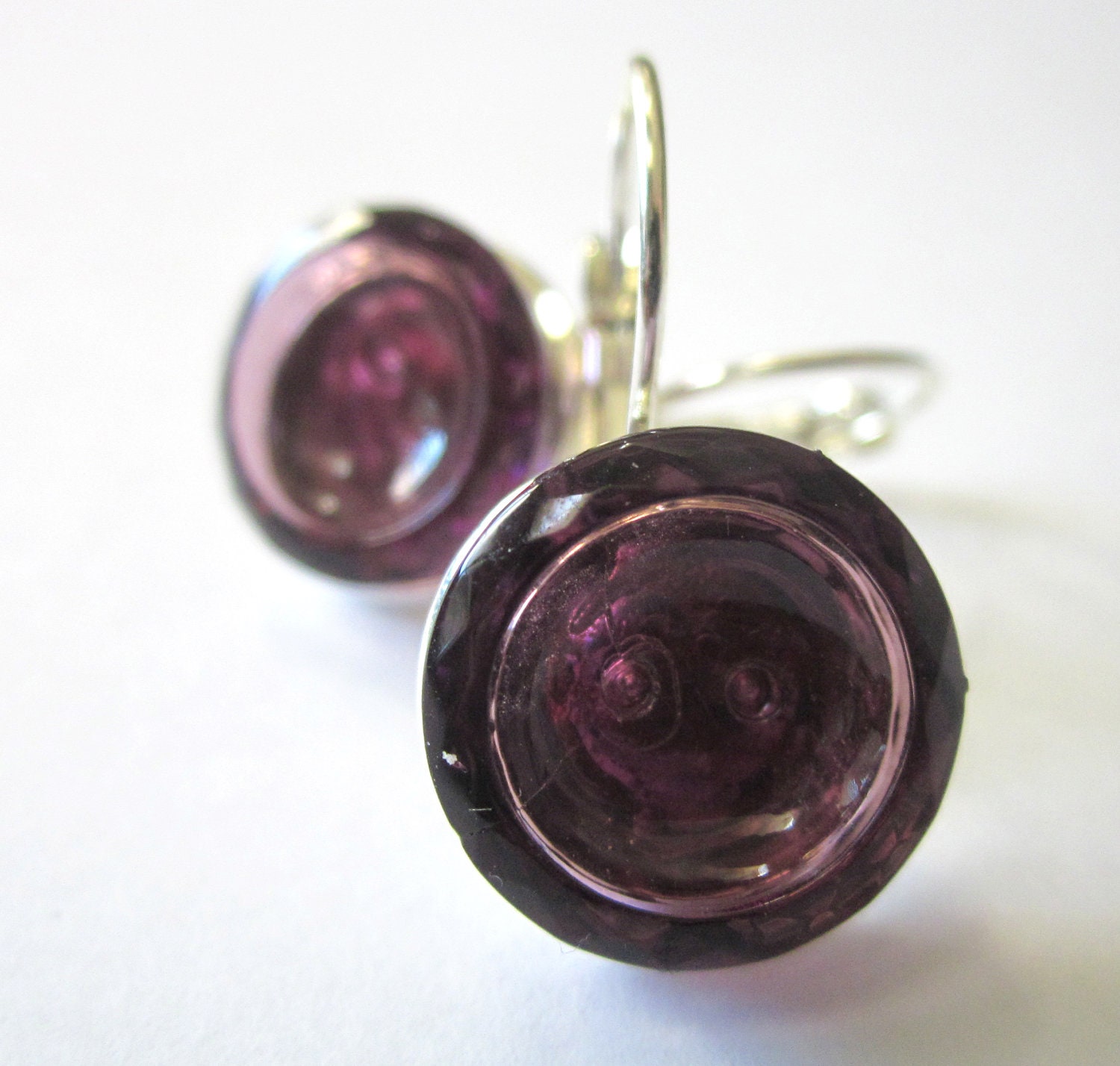 Vintage purple glass 2-hole button earrings, silver leverbacks