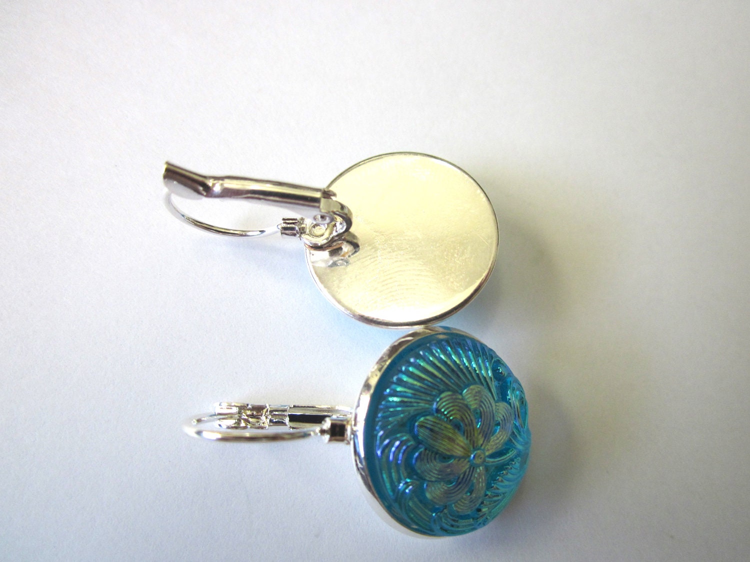 Vintage glass button earrings, iridescent aqua blue gingko flowers, silver leverbacks