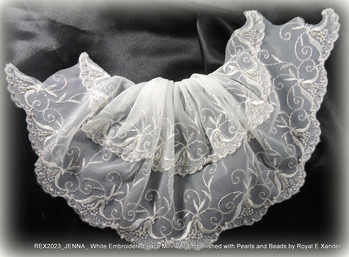 Embroidered Lace Mini Veil with Pearls and Metallic Beading Vintage Inspired
