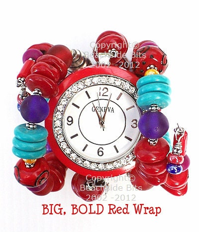 BIG BOLD RED, Artist Wrap Watch,  Beachside Bits Unique, Red, Yellow, Turquoise, Purple, Large Watch Face, Australian Made