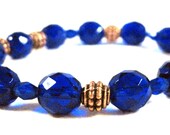 Stretch Bangle Bracelet Blue Czech Glass and Copper Beads-woman-Gift