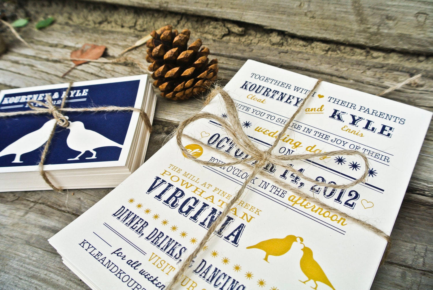 Wedding Invitation: Rustic Quails - navy and gold