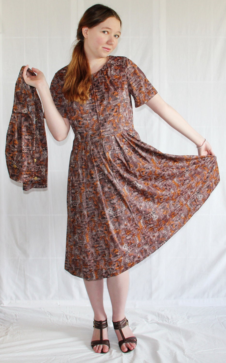 60s Dress / Mad Men / Office Fashion / Cappuccino Black Orange Abstract Print / Dress Jacket Separates / by Shelton Strollers