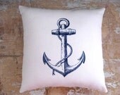 Nautical Pillow, Navy Blue, Anchor,Beach, Ocean, Cottage Deco, Home Decor, Decorative Pillows