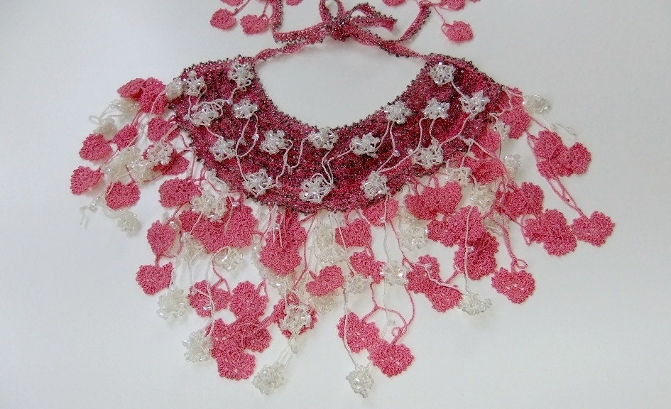 Pink & White Crocheted and Beaded Anatolian Lace Necklace