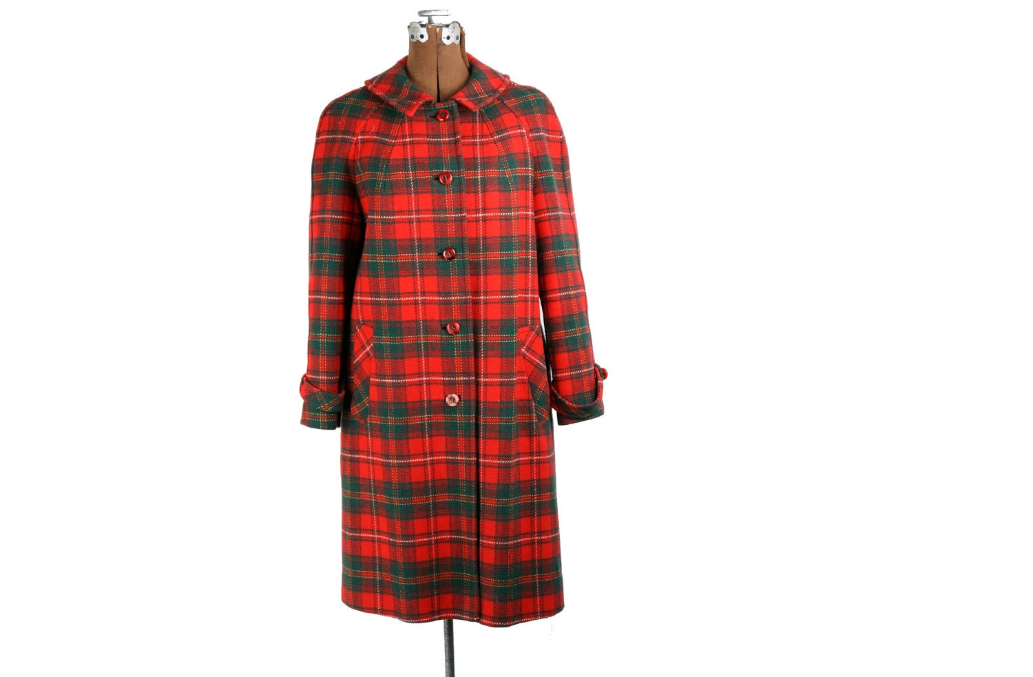 1940s 1950s Vintage Red Plaid Wool Winter Coat with Peter Pan Collar / S M