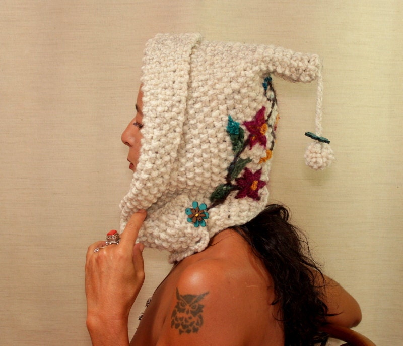 Unique Cream Knit Ear Flap Hat with Wodden Flowers Hand Embroidered Ivory Hoodie Hood Pixie Elf Scoodie Cowl Snow Hat