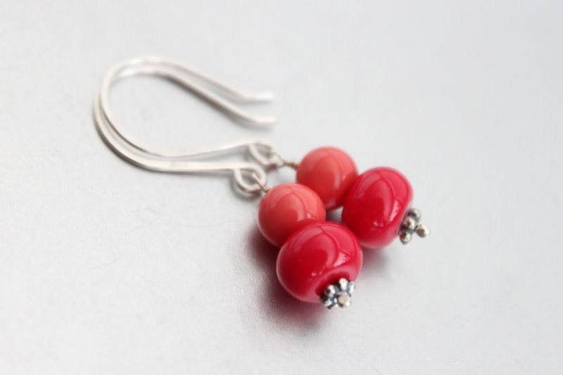 Bright Spring Beaded Earrings -  Neon Dangle, Glass, Sterling Silver, Peach Coral, Modern, Birthday Gift for Her Under 25
