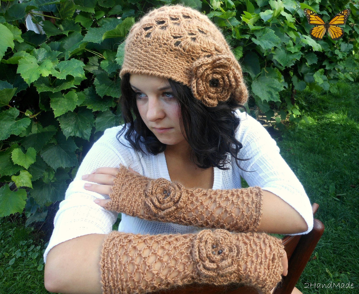 Set of Beret and Fingerless Chunky Lace Crochet RastaTam Cloche Hat  Angora Brown Vintage Style