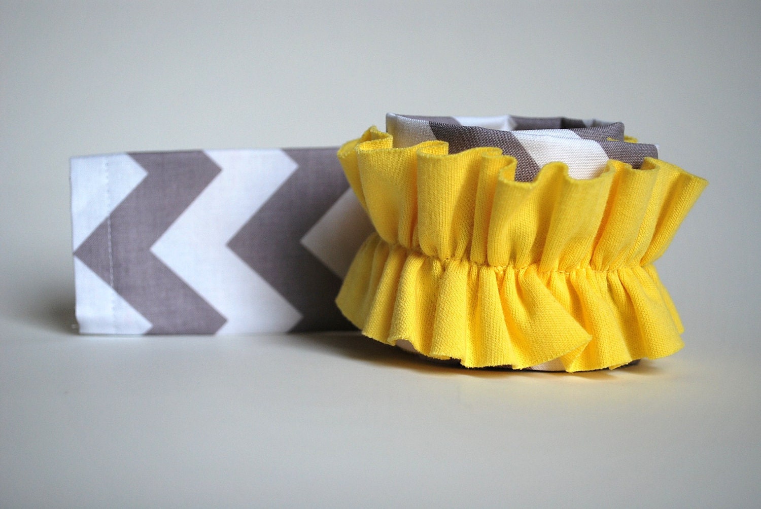 Chevron Yellow Ruffle Camera Strap Cover with lens cap pocket - Riley Blake Chevron Zig Zag Gray and White