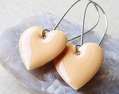 Dangle Drop Earrings - Pastel Peach Epoxy Enamel Hearts - Sterling Silver Plated over Brass