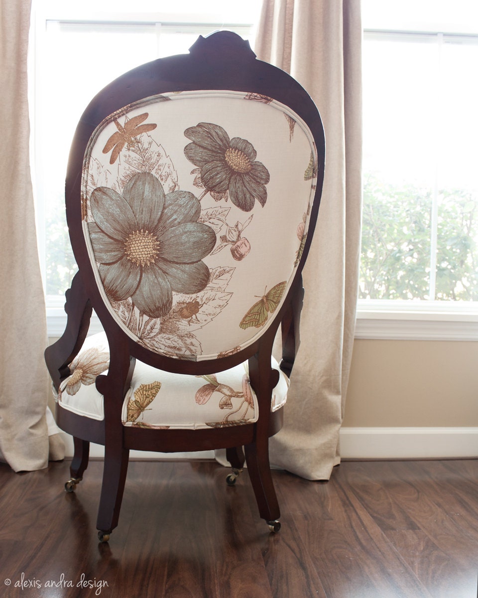 Hand Carved Antique Victorian Chair - classic upholstered unexpected cream vintage aqua green brown whimsical romantic country armchair