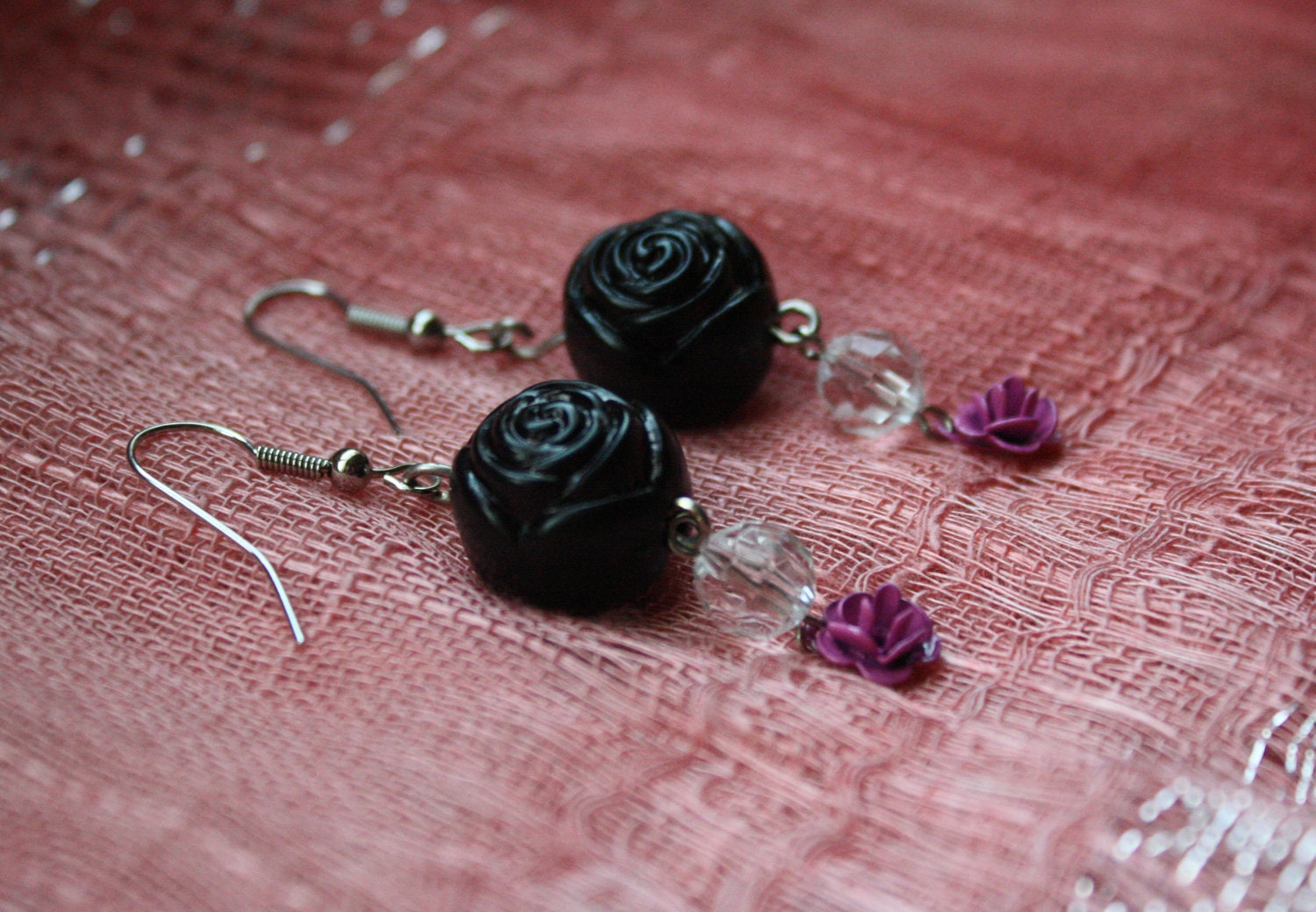 Black and Pink Rose Dangle Earrings