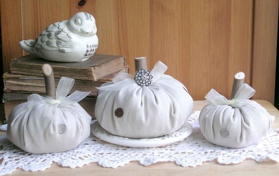 Set of 3 Linen Pumpkins with Real branch stems Elegant Pumpkin Trio Thanksgiving Table Decor
