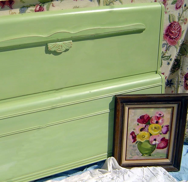 VINTAGE FULL BED - Headboard and Footboard Waterfall Style Painted Soft Green Distressed Shabby