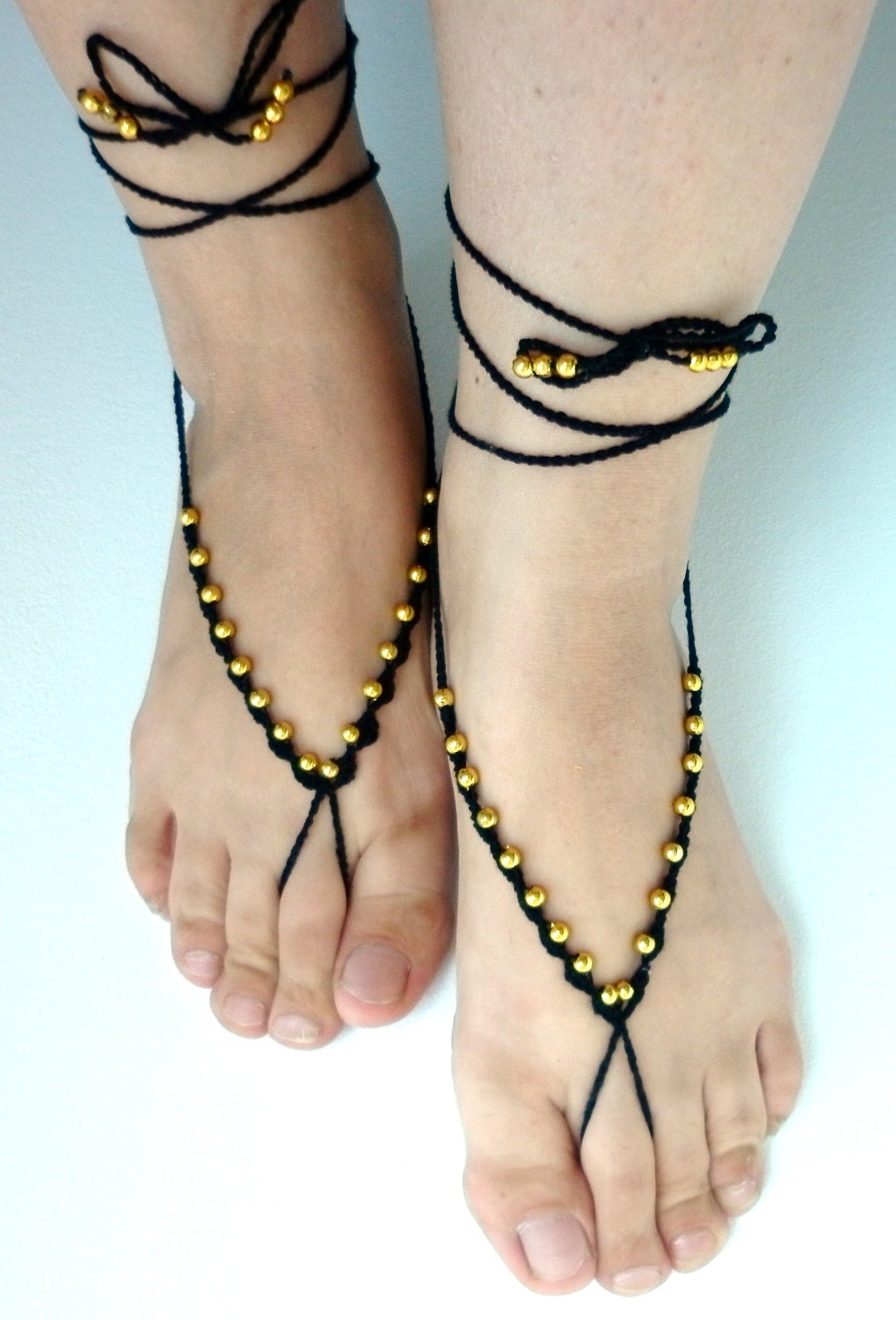 Barefoot SANDALS, Crochet Black Gold Beats,Nude Summer, Bohemian Foot Jewelry, Beach Wedding Anklets