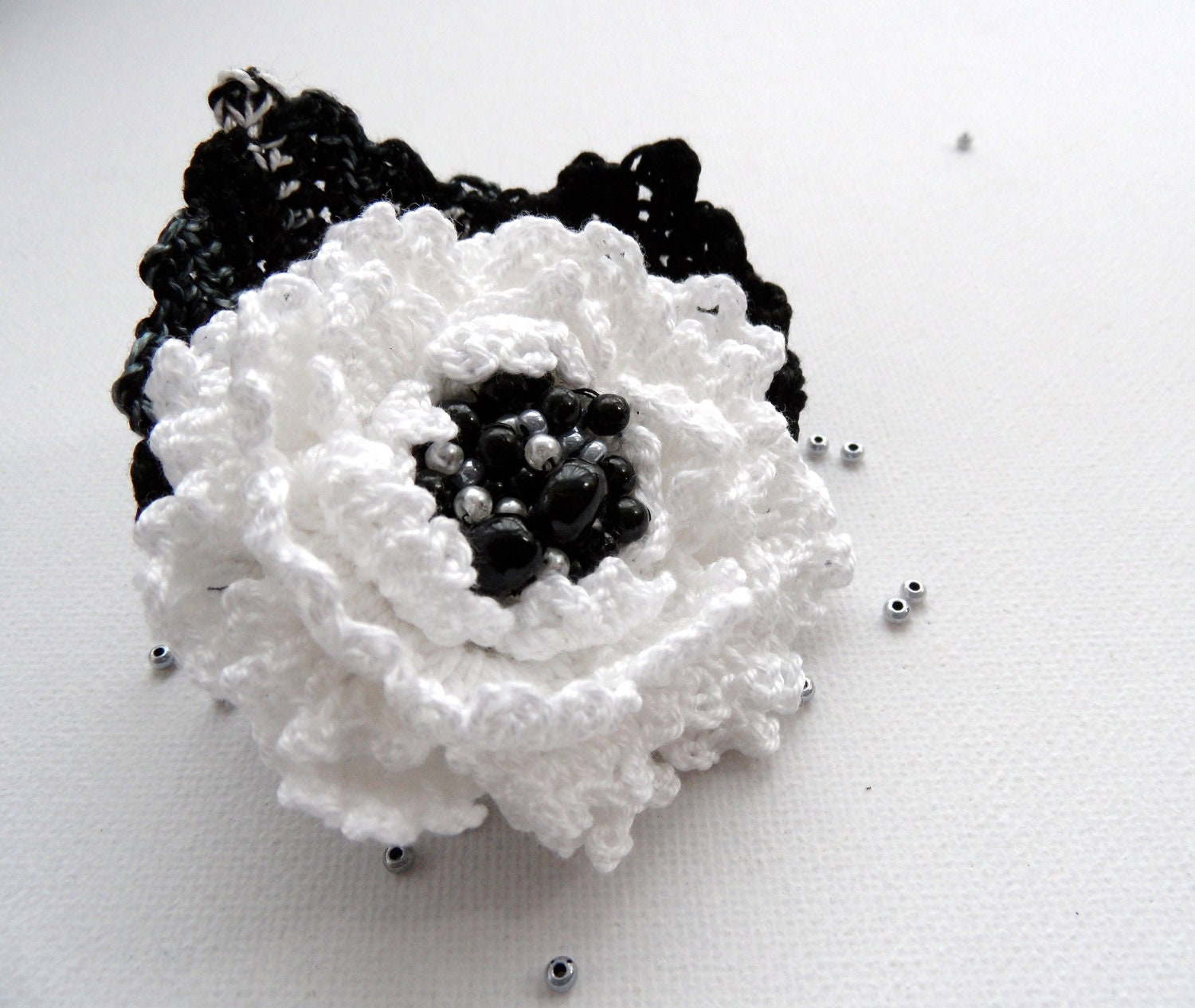 Crochet Beaded Brooch - Cotton Corsage Brooch Black White Flower