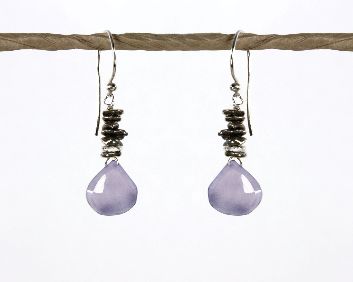 Chalcedony and oxidized sterling silver droplets on sterling silver drop dangle earrings
