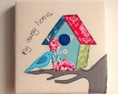 Blue Birdhouse Embroidery on canvas