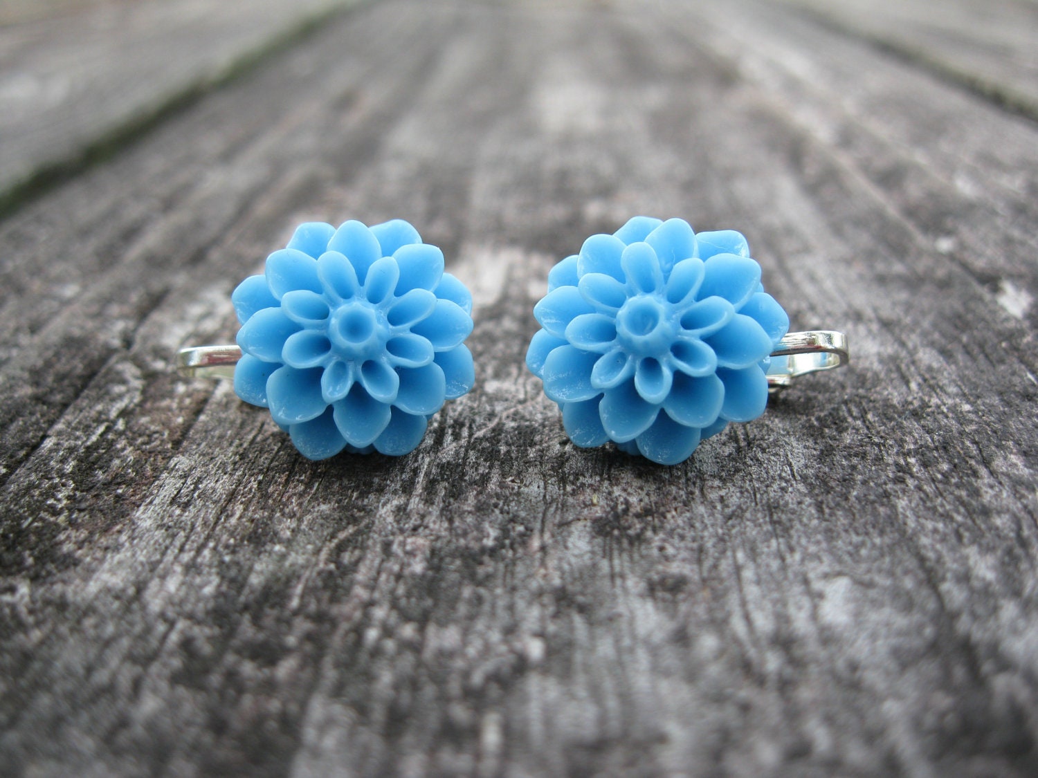 Cornflower Blue Dahlia Flower Clip on Earrings