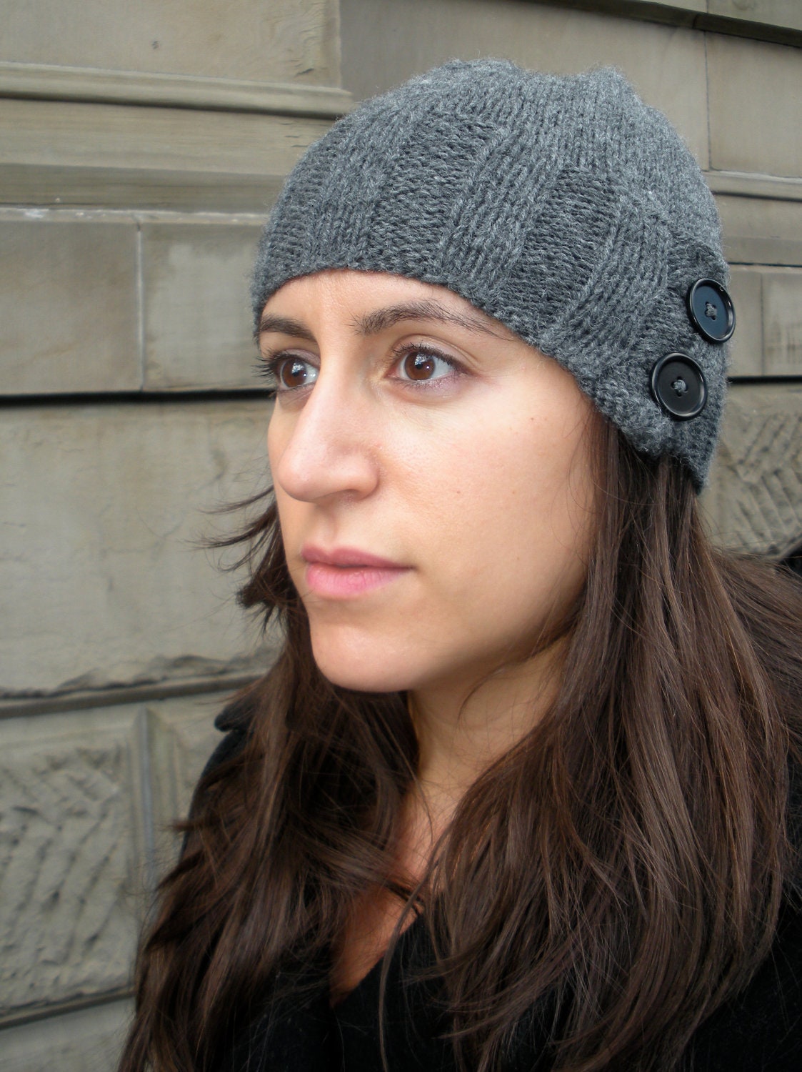 Knit "Eddy" Cap in Gray with Black Buttons