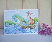 Blank Greeting Card boy, boat and dinosaur illustration 5x7 inch folded card