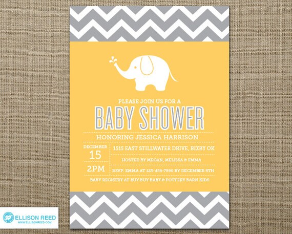 Elephant Baby Shower Invitation - Elephant Printable - Chevron - Girl or Boy Baby Shower Invitation - Baby Shower Printable - Yellow Il_570xn