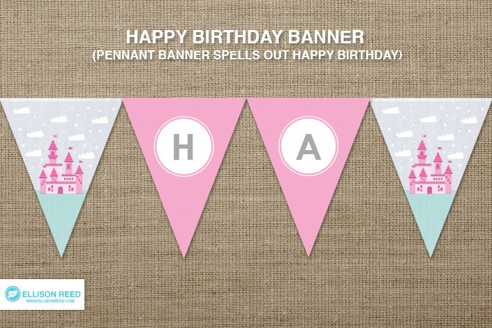 Princess Birthday - Princess Printable - Birthday Banner - Printable Party - Castle - Fairy Tale - Girl birthday - Pink - DIY printable Il_570xn