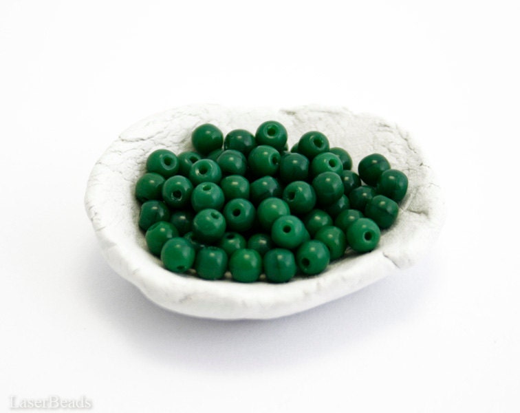 Czech Green Beads 4mm (100) Small Glass Pressed Round Druk Opaque Spacers Thin Spring - LaserBeads