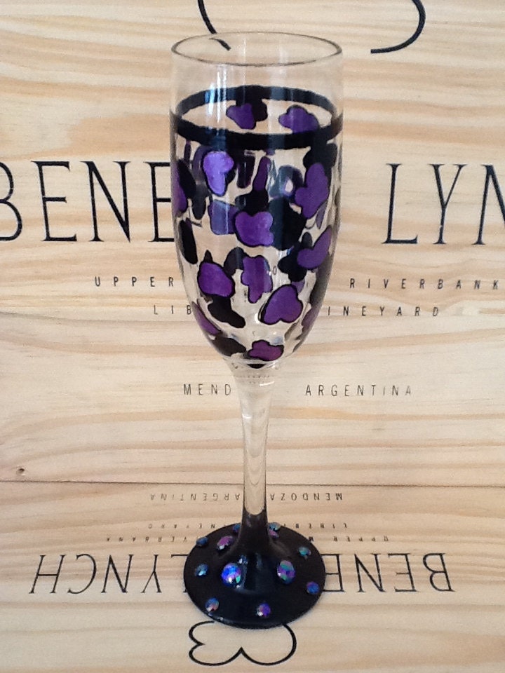 Hand Painted Purple & Black Leopard Print Customized Champagne Glass with Rhinestones
