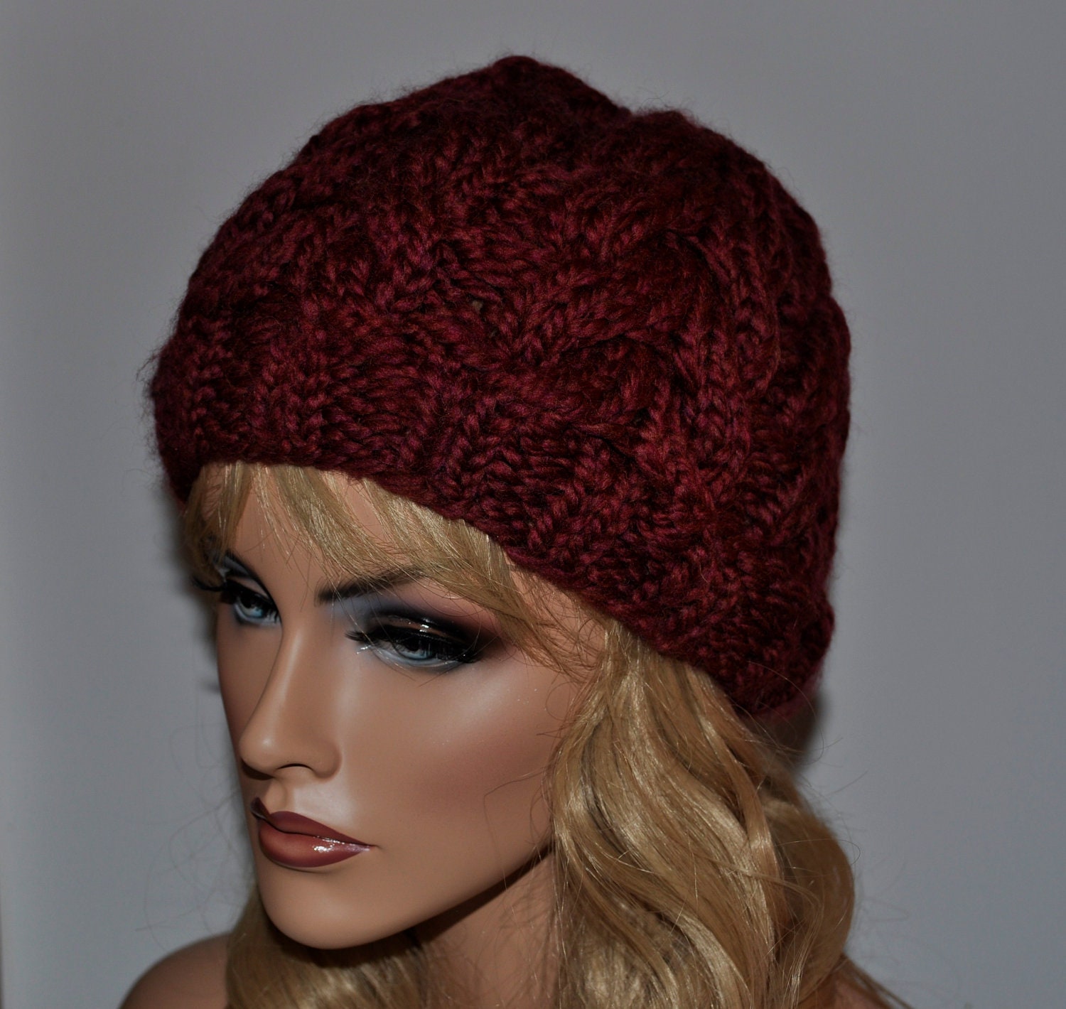 Cable Knit Hat, Burgundy Wool Women's Hat, Handmade slouchy, HTNO. 5