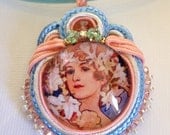 Flowers by Alphonse Mucha Cabochon & Soutache Pendant with Blue Cord Necklace