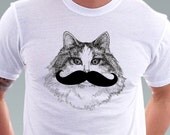 Mustache Moustache tshirt Hipster Mustache Moustache Geek Cat Kitty Cat Shirt Pet Animal Art Men T-Shirt - White Tee S, M, L, XL, XXL
