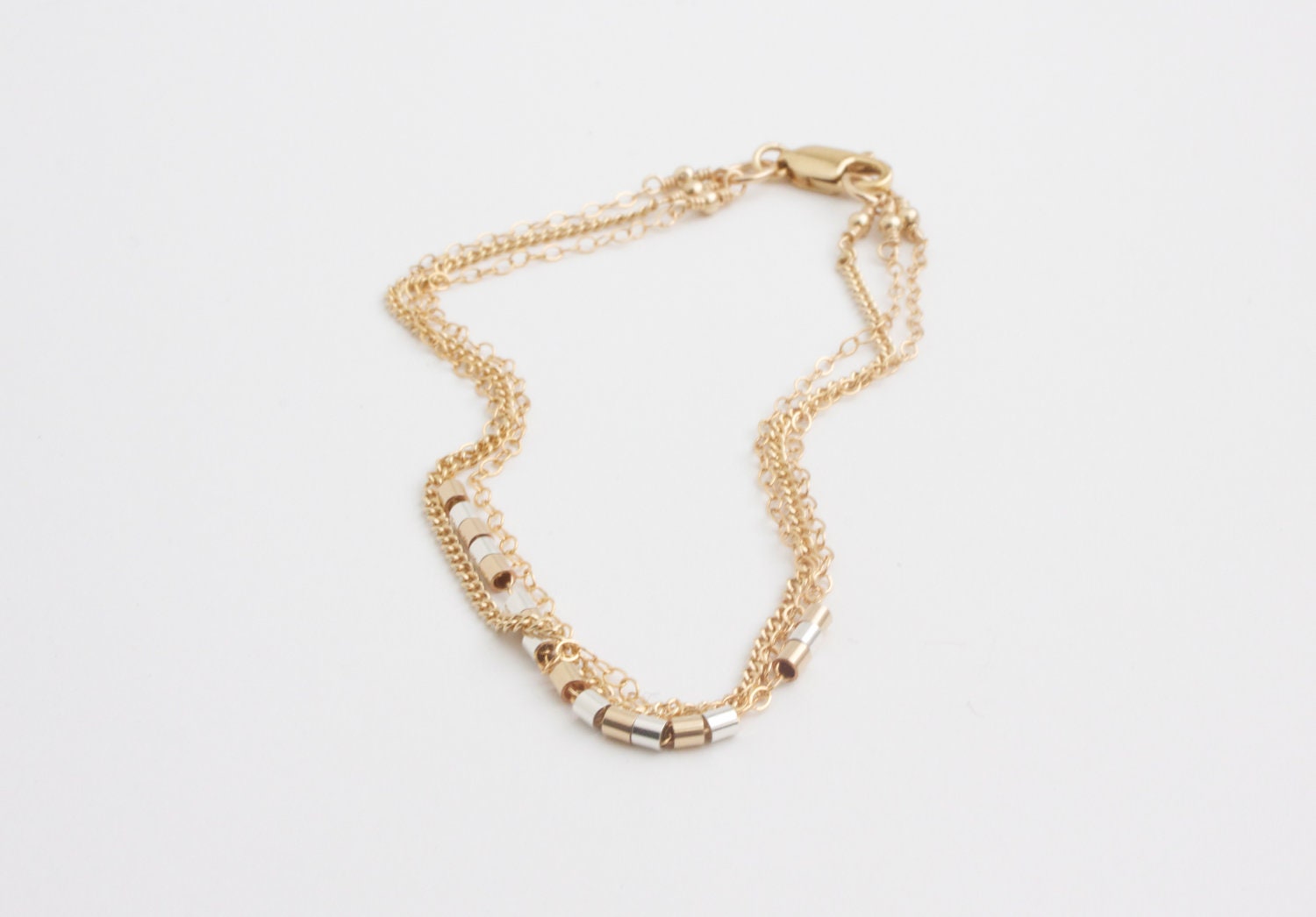 Gold Silver Multi Chain Bracelet Dainty Bead Simple Modern Everyday Jewelry 14K