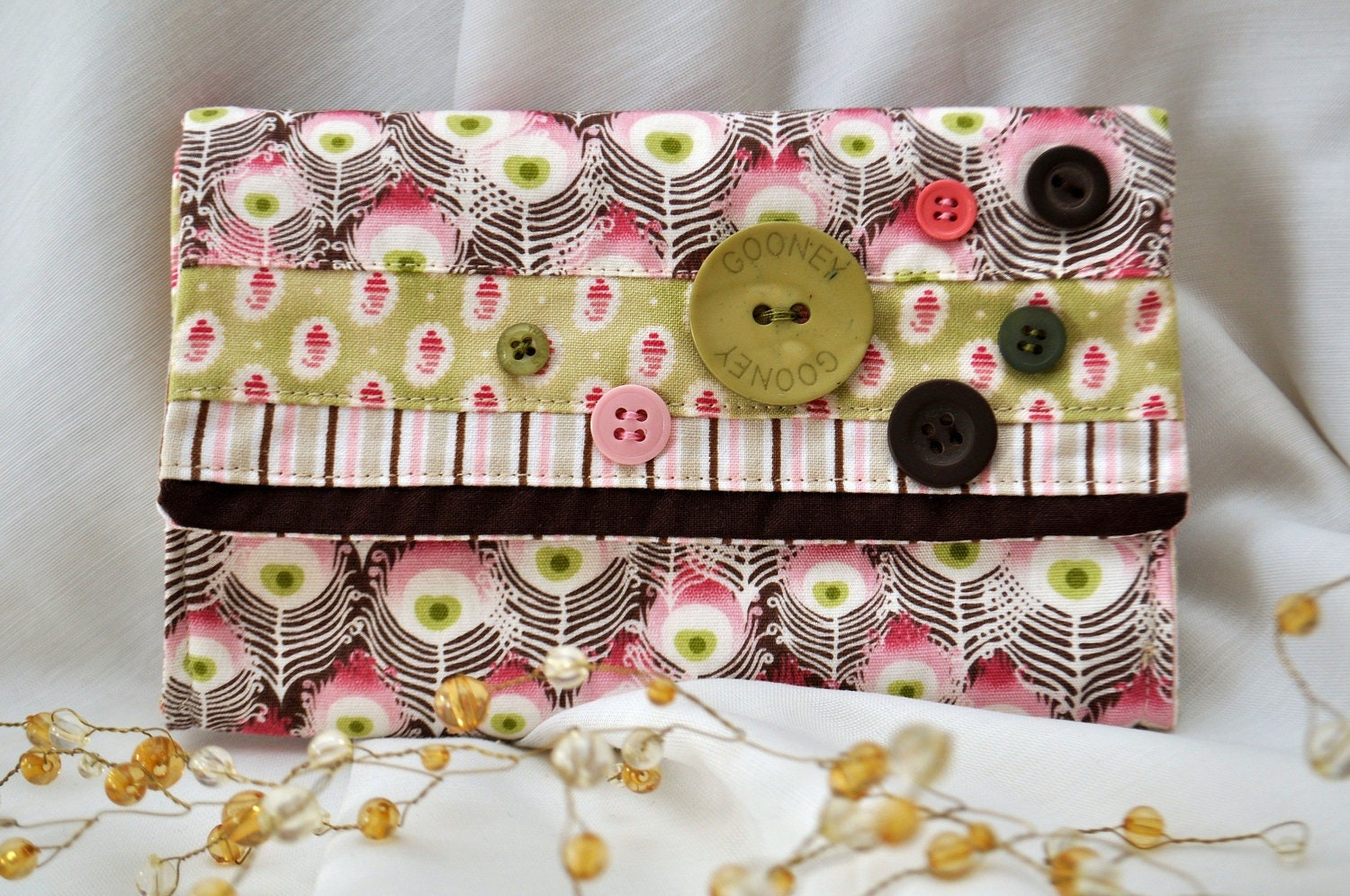 Women's Peacock Feather Print Fabric Wallet, Pink, Brown and Green Prints with Button Accents