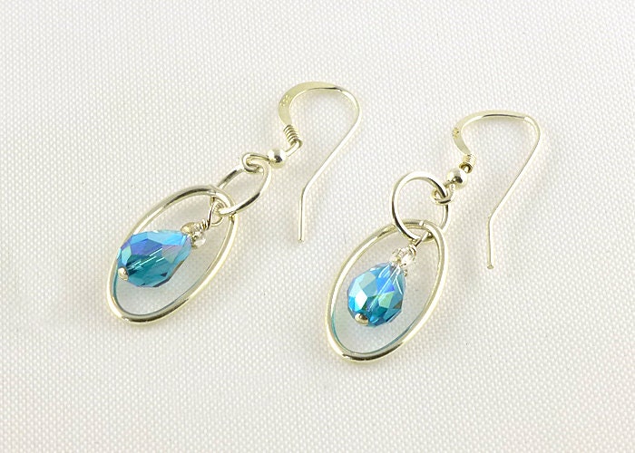 Turquoise Swarovski Teardrop Dangle Earrings Sterling Silver