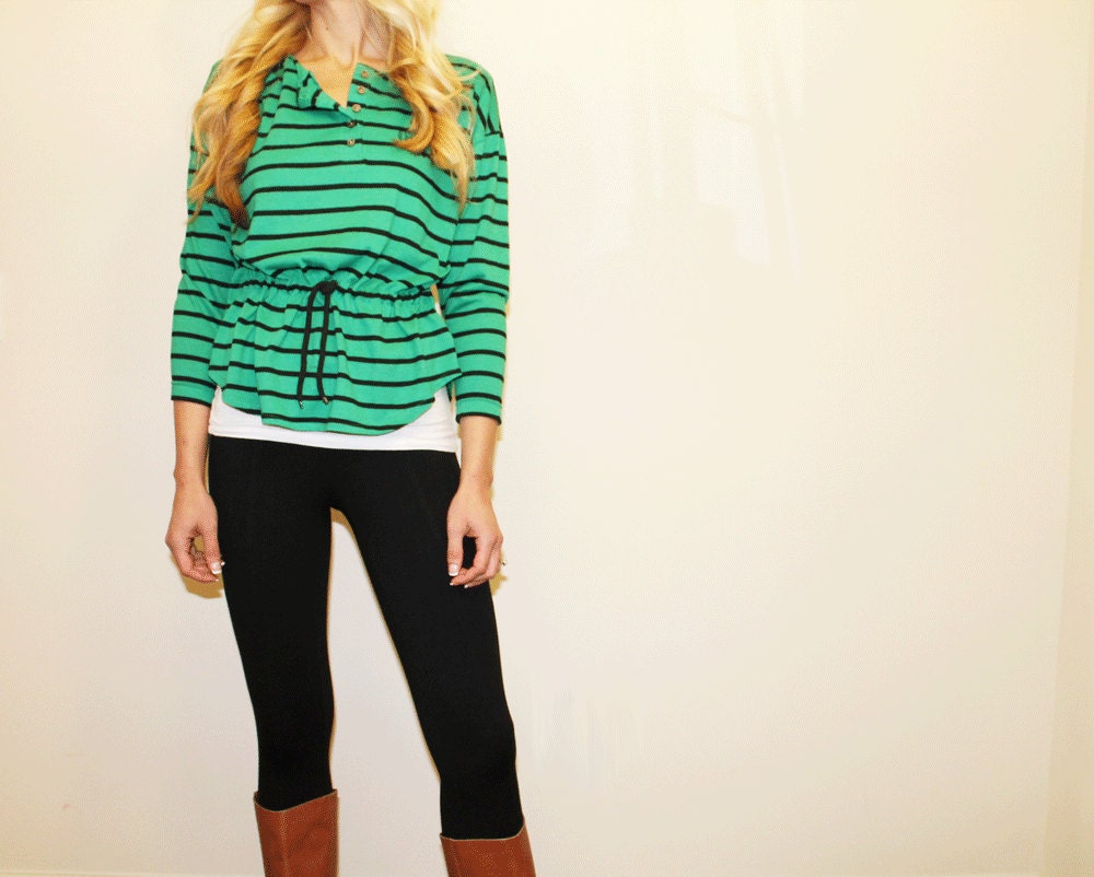 Womens Green/ Black striped 90s style Casual Peplum Blouse